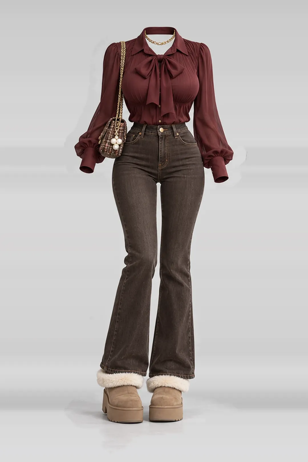Burgundy blouse + brown denim trousers