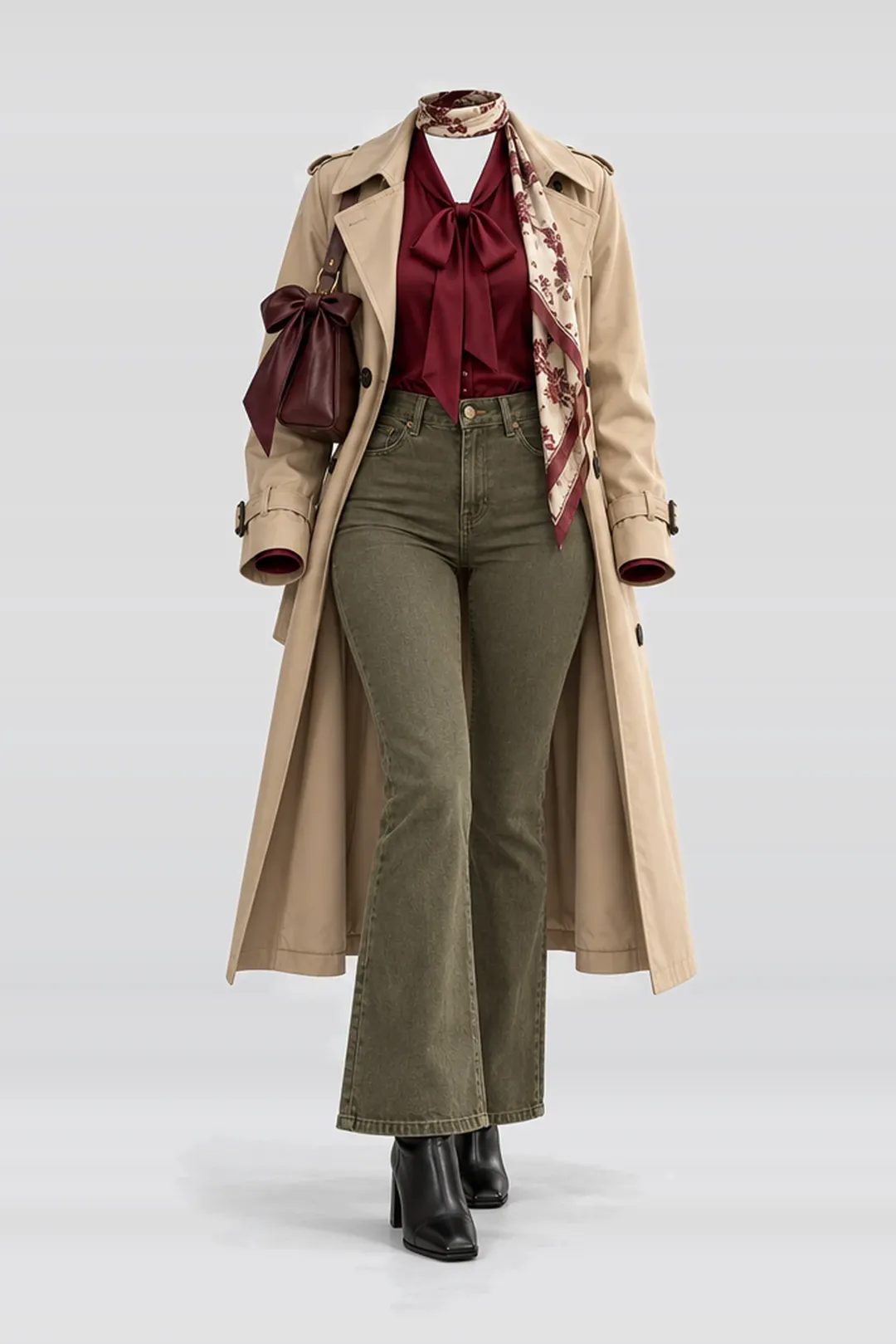 Red blouse + olive green denim trousers