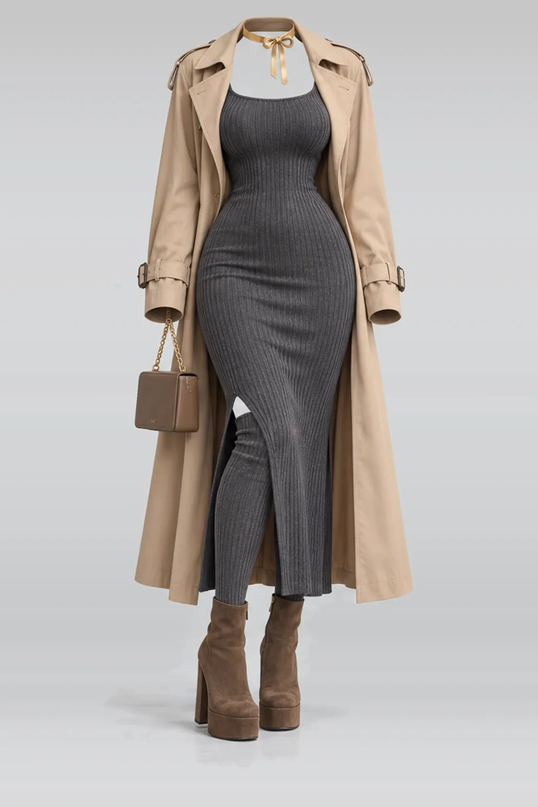 Knit dress + beige coat