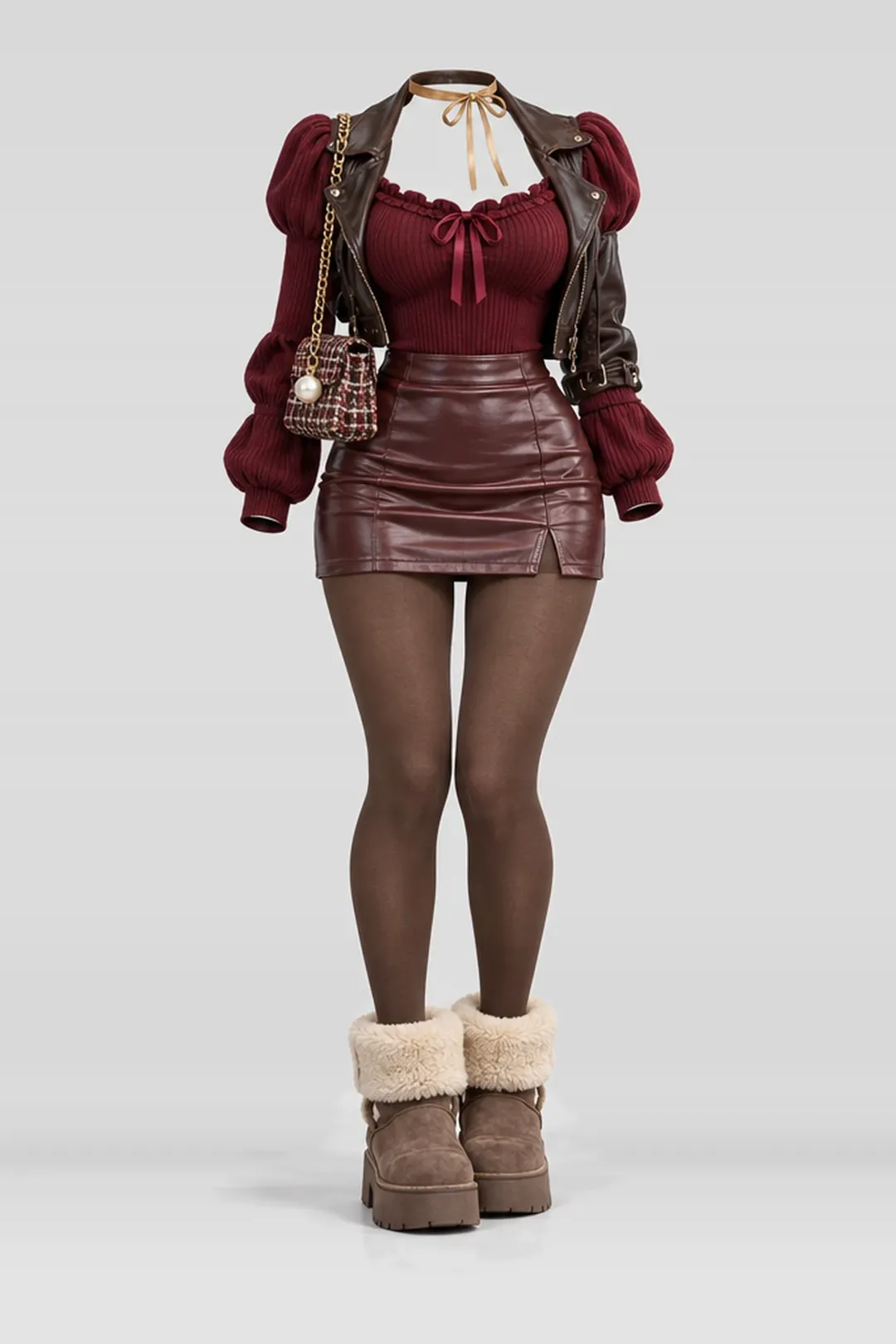 Red knit ribbon + burgundy leather mini skirt
