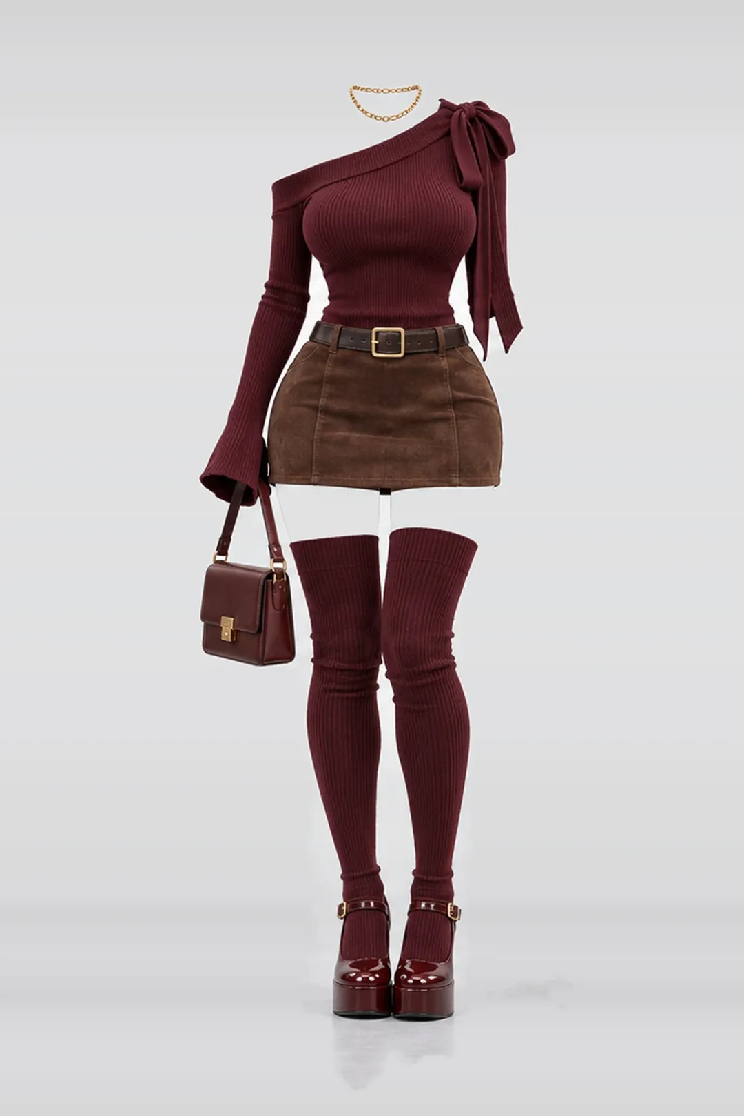 Burgundy ribbon knit suede mini skirt + belt