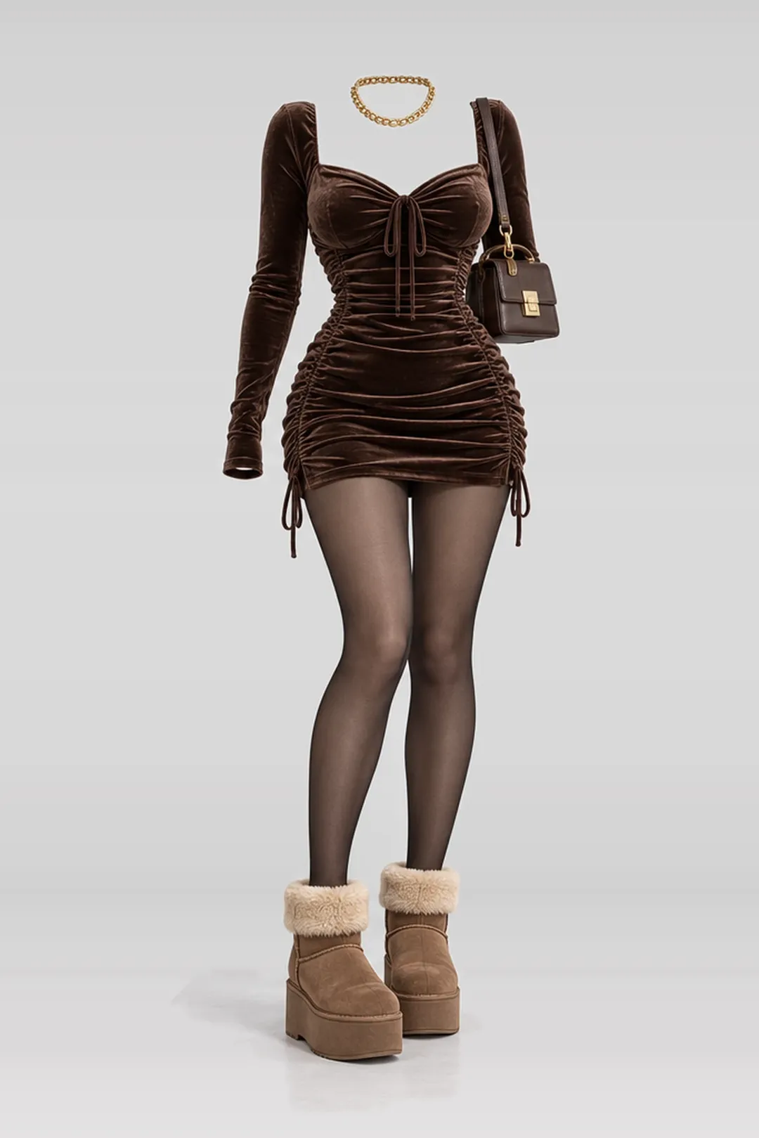 Brown mini dress + black tights