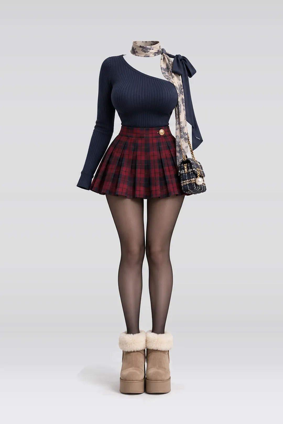 Navy ribbon knit top + red black pleated mini skirt