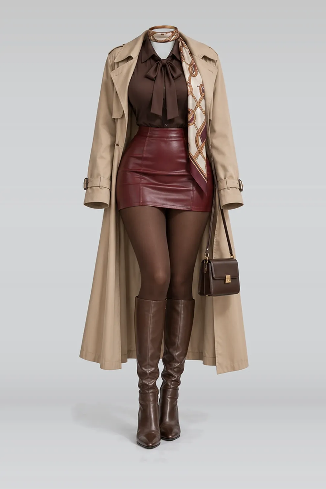 Brown blouse + red leather mini skirt
