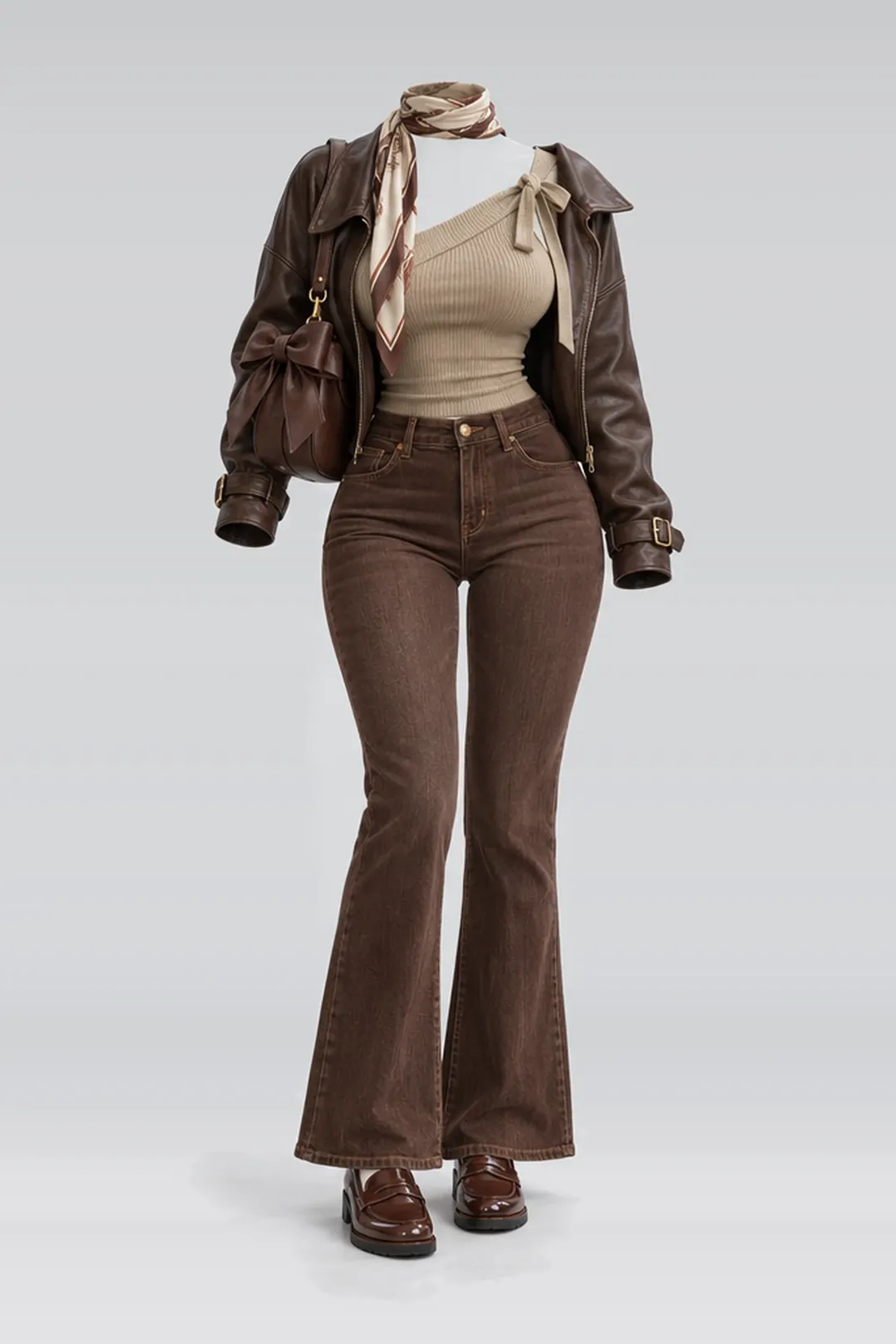 Khaki ribbon knit denim trousers + leather jacket