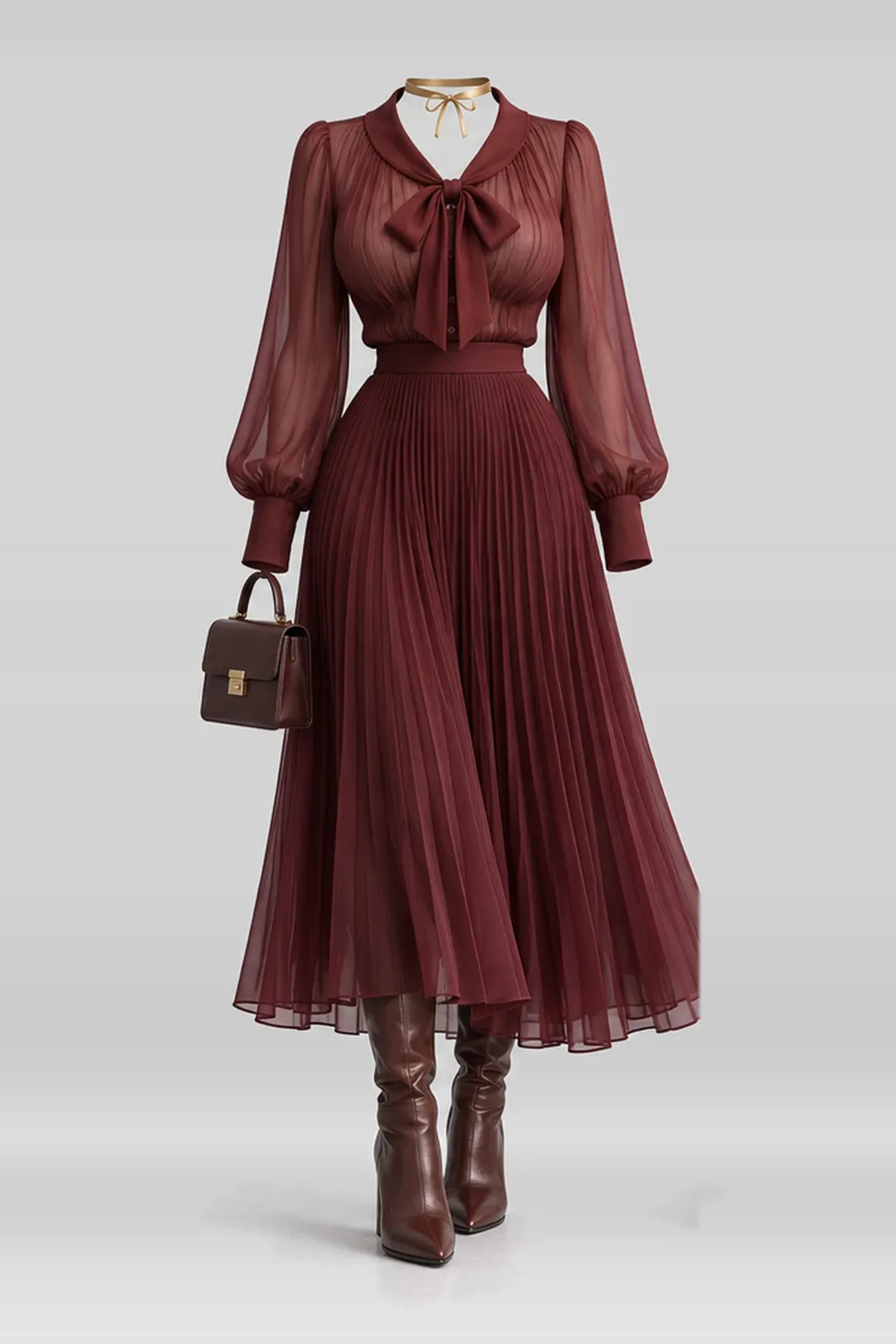 Burgundy blouse + red pleated skirt