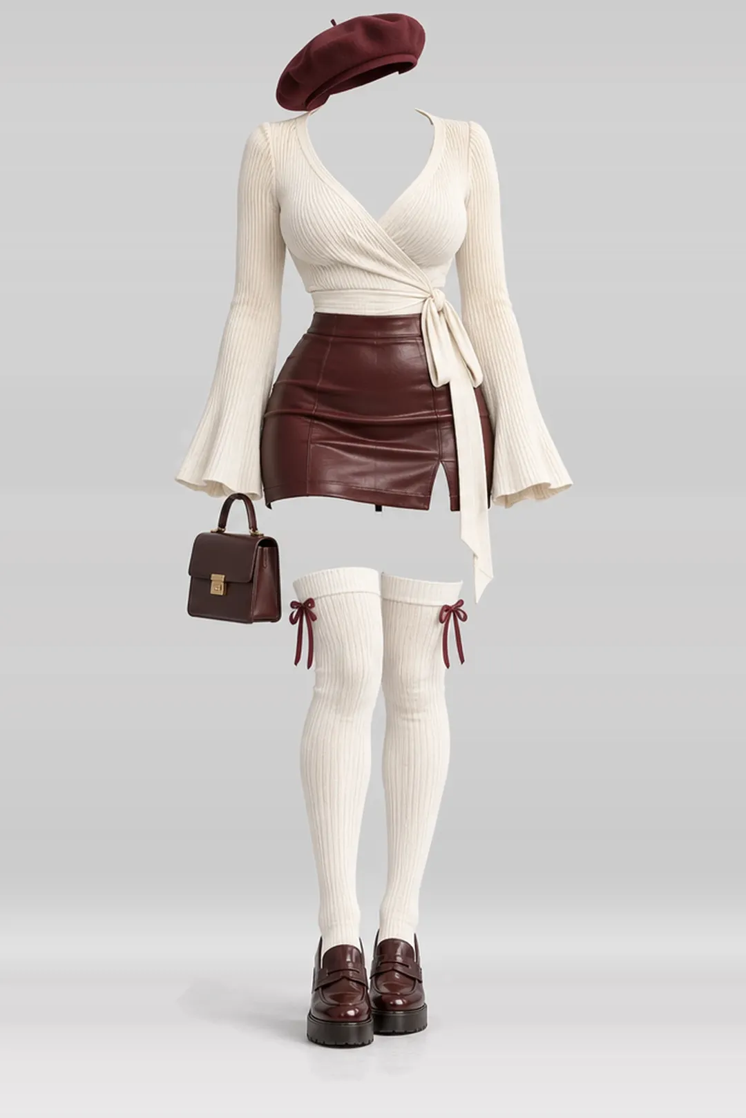 Ivory knit top + red leather mini skirt