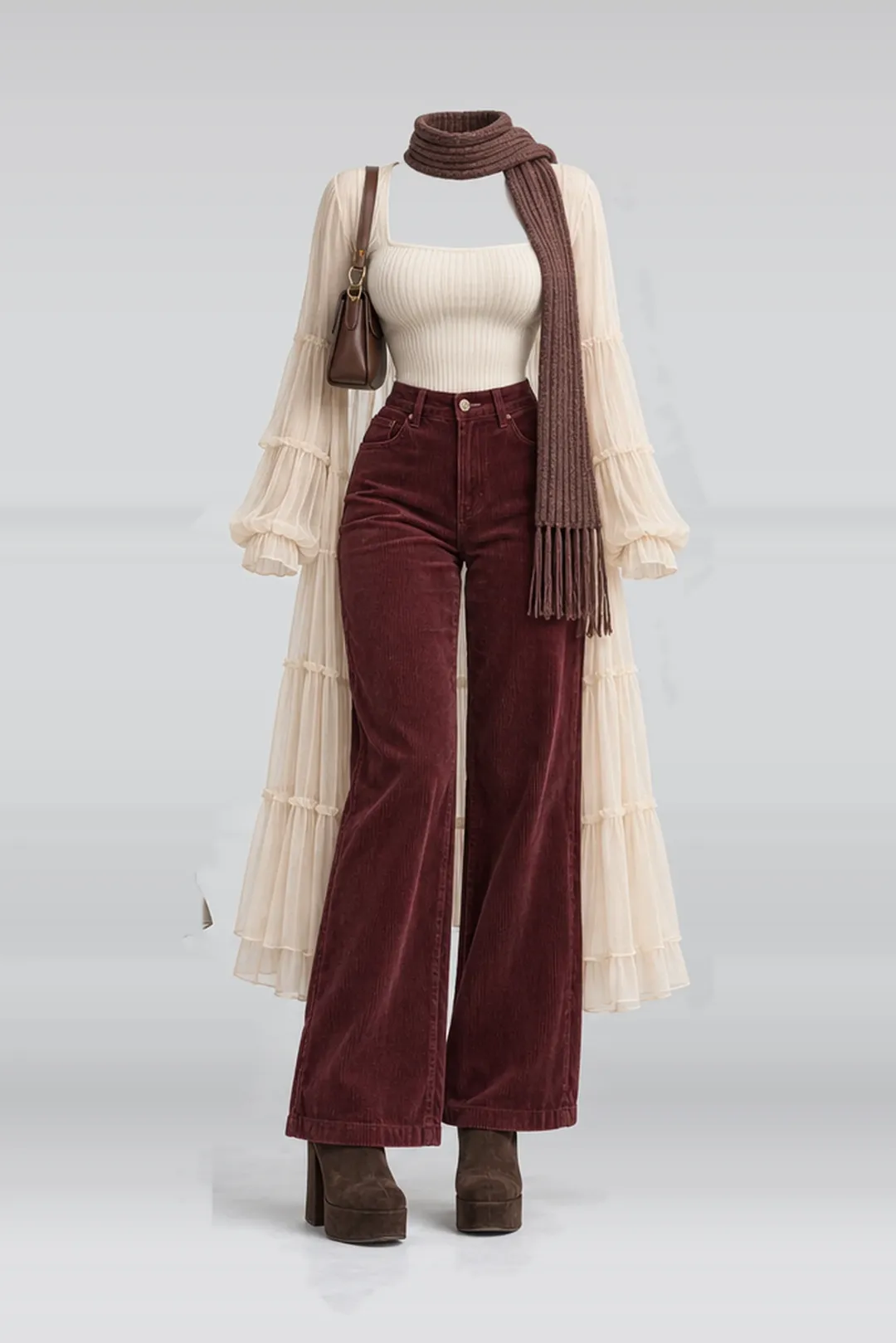 Ivory knit top + burgundy corduroy trousers