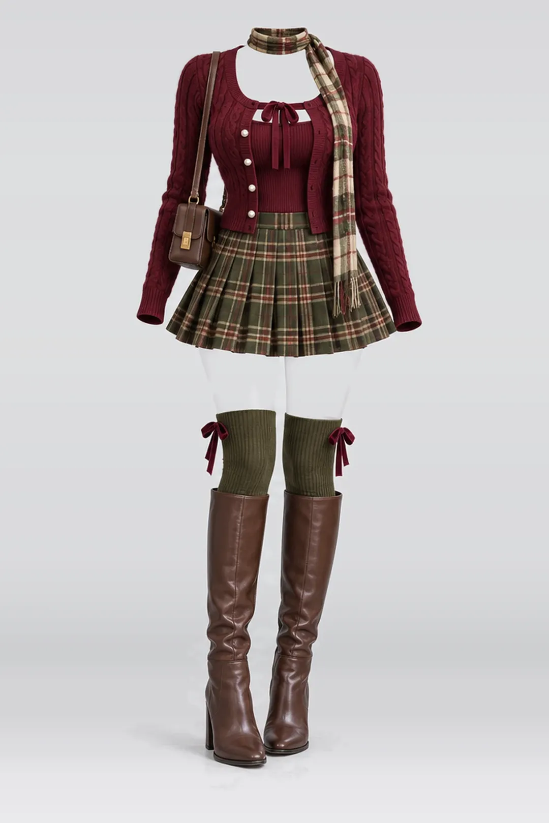 Burgundy knit cardigan + olive green pleated mini skirt