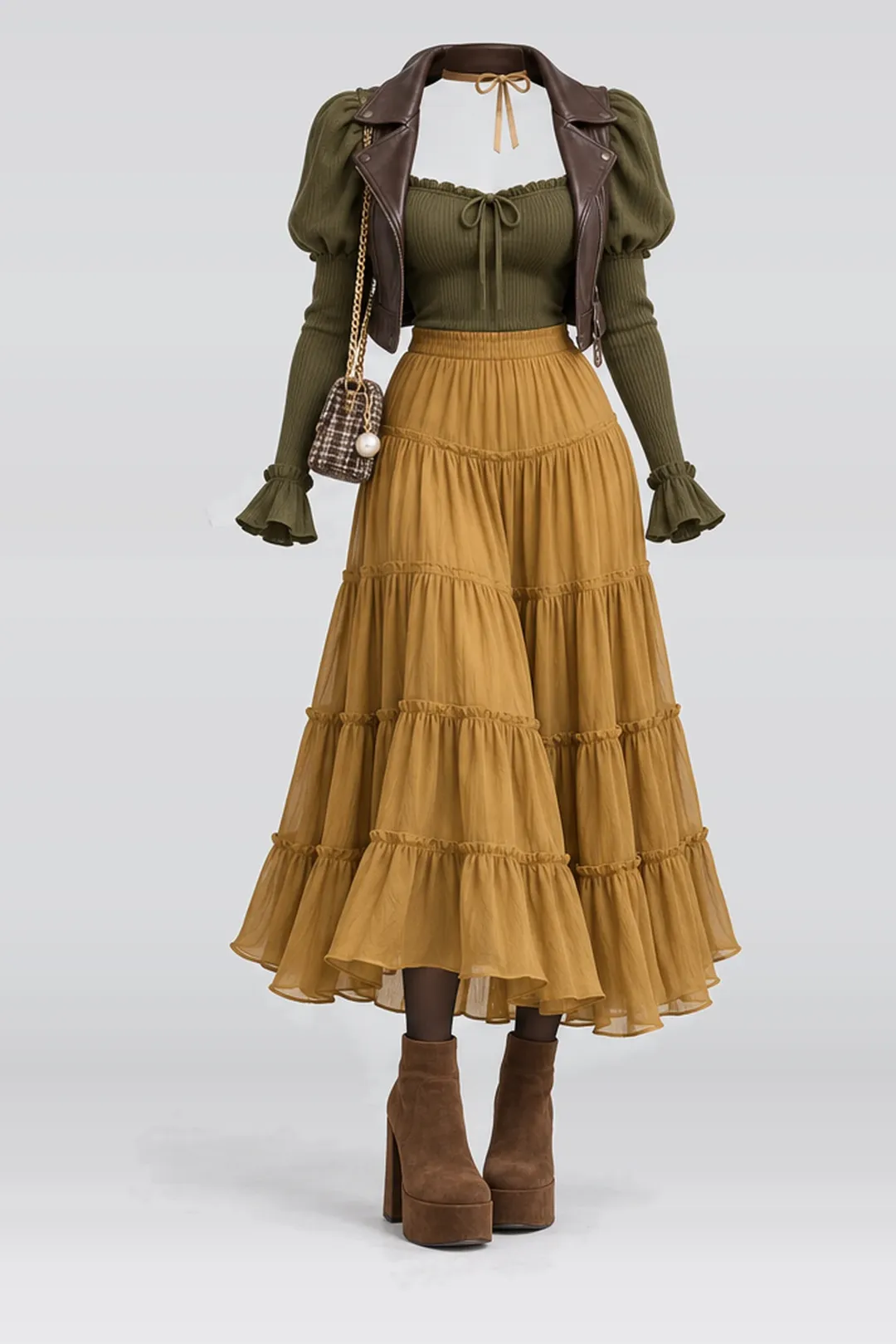 Olive green knit ribbon skirt + leather jacket