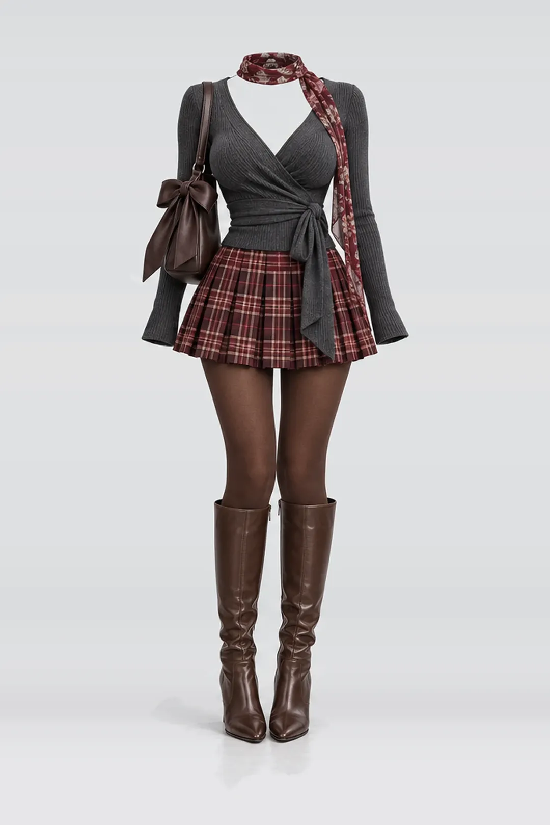 Knit top + red pleated mini skirt