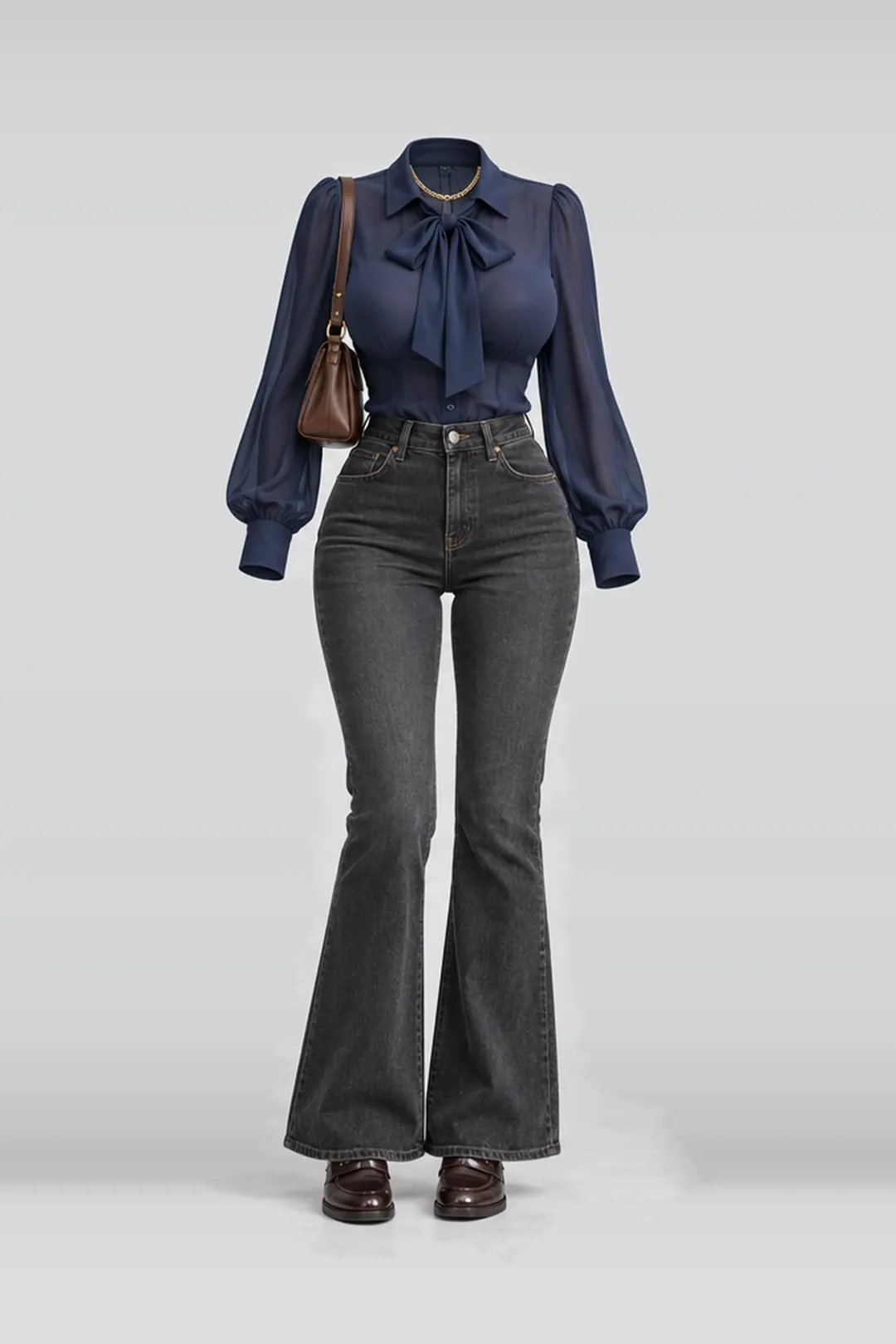 藏青色衬衫 + 牛仔长裤