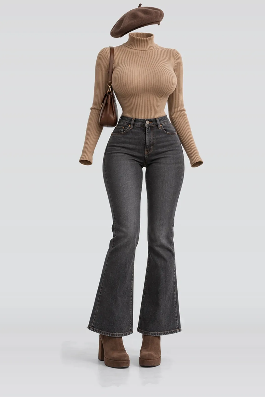 Knit denim trousers + suede boots