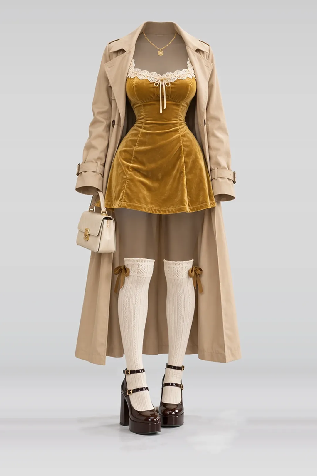 Lace velvet mini dress + beige coat