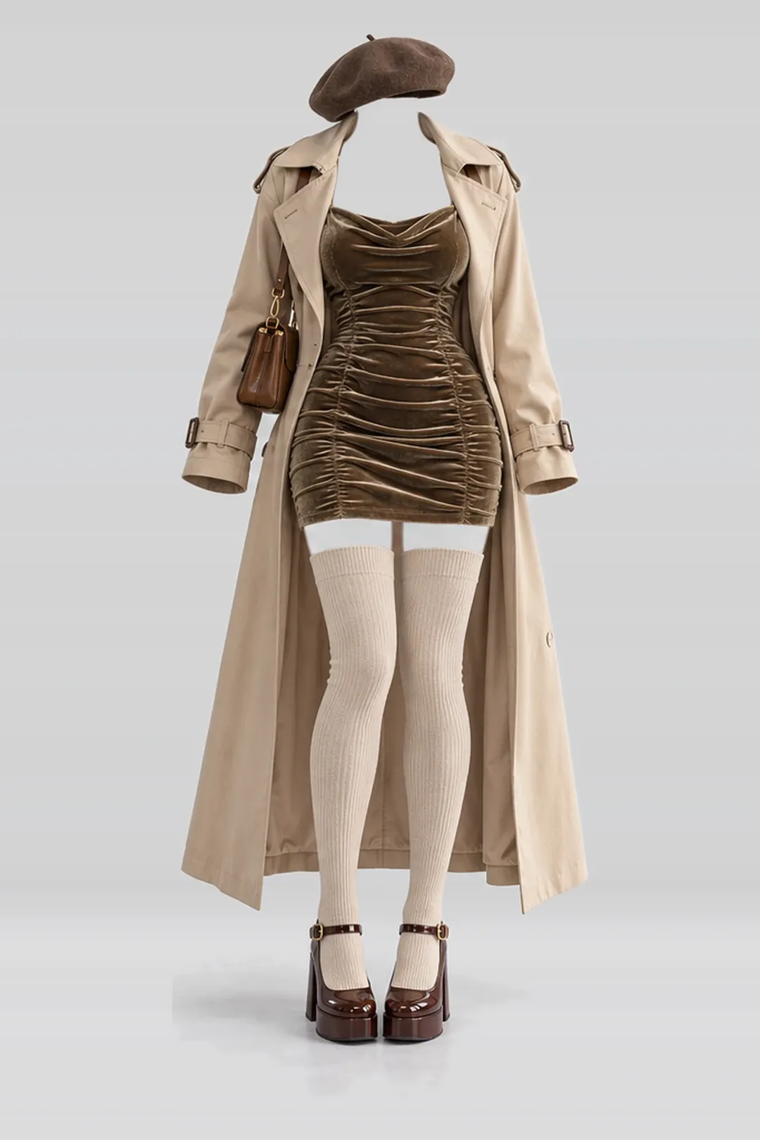 Khaki mini dress + beige coat