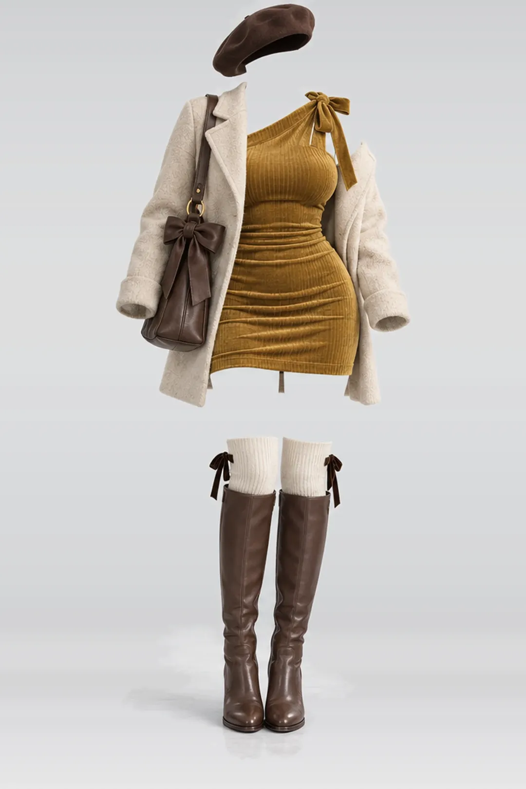 Ribbon knit mini dress + wool coat