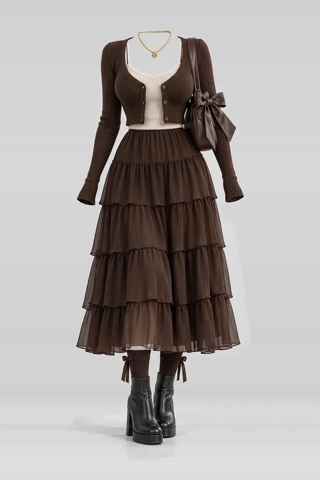 Brown knit cardigan + camisole