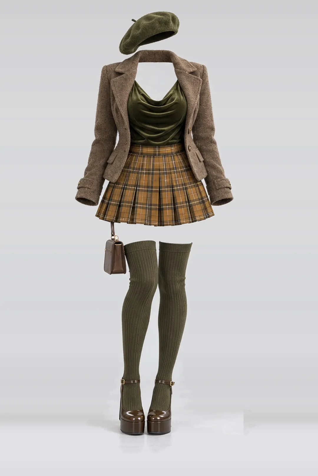 Olive green pleated mini skirt + wool coat