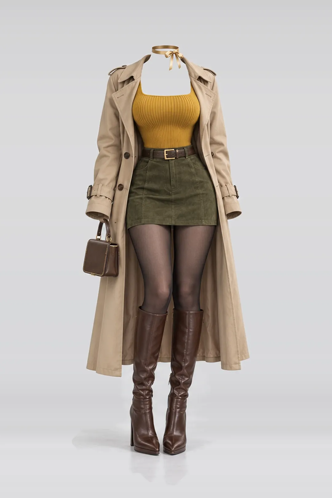 Knit top + olive green suede mini skirt