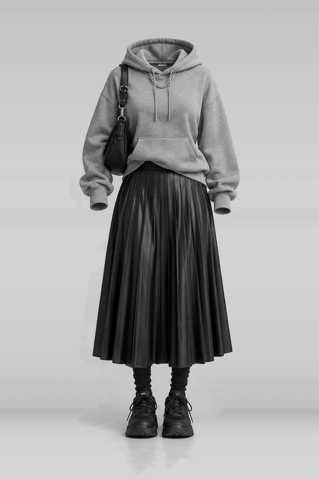 Grey hoodie + black pleated leather midi skirt