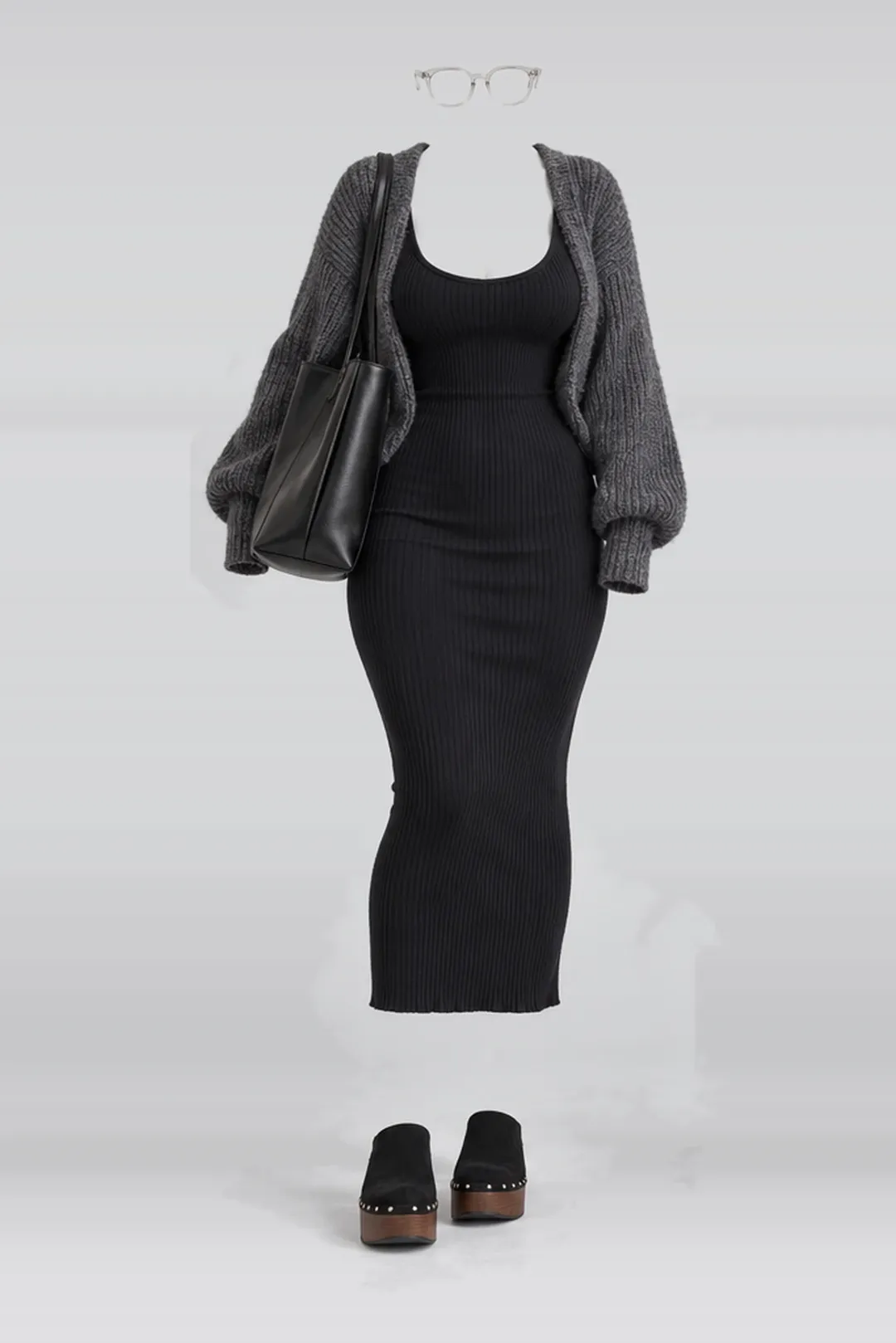 Grey knit top + black camisole