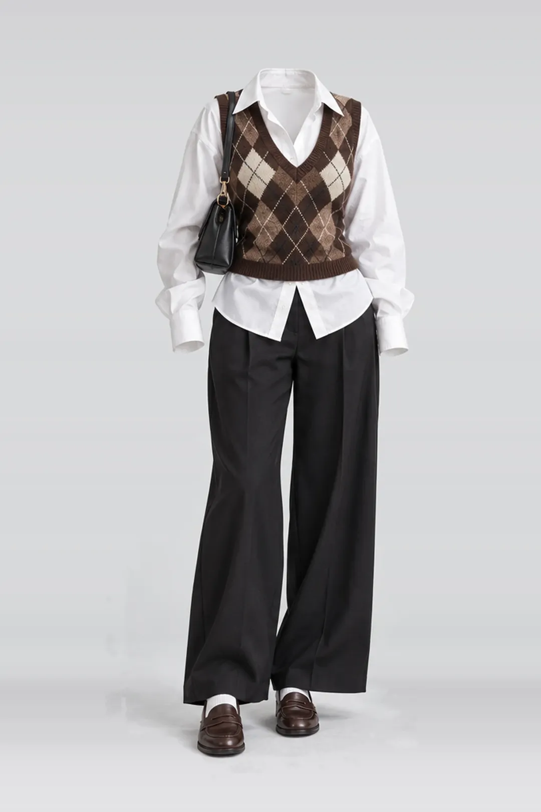 Brown knit vest + white shirt
