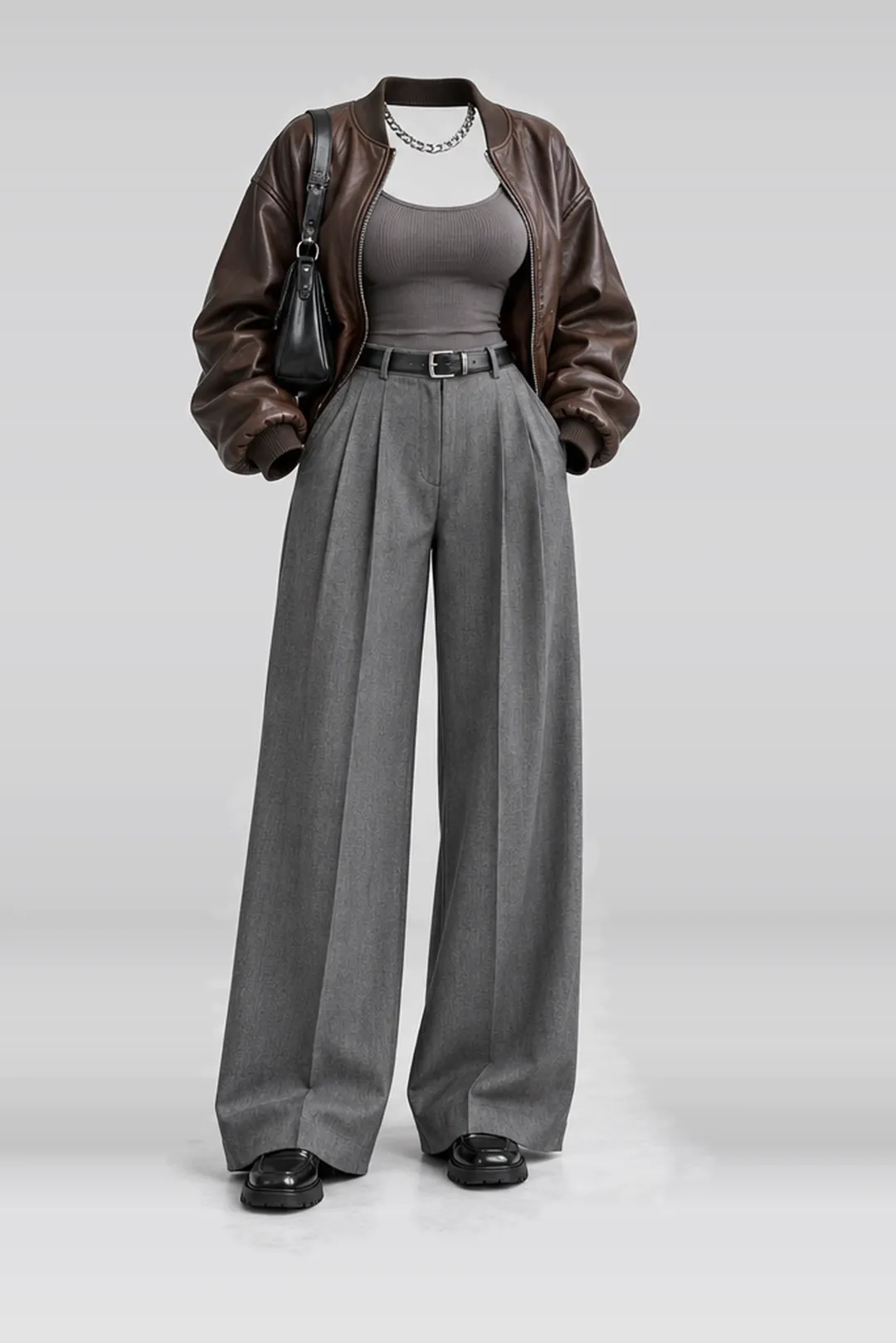 Brown leather jacket + grey pleated black loafers