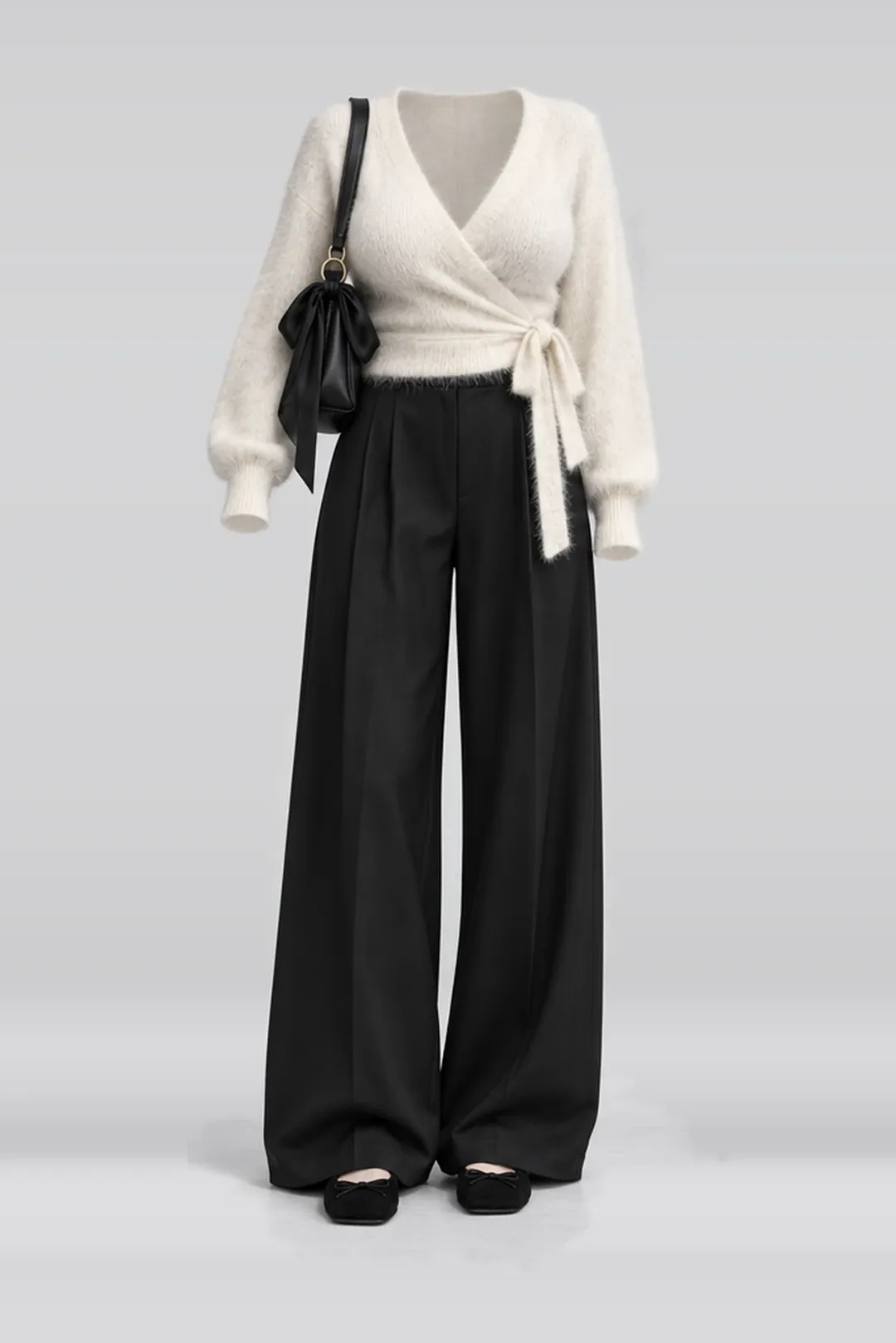 Ivory knit top + black suede leather bag