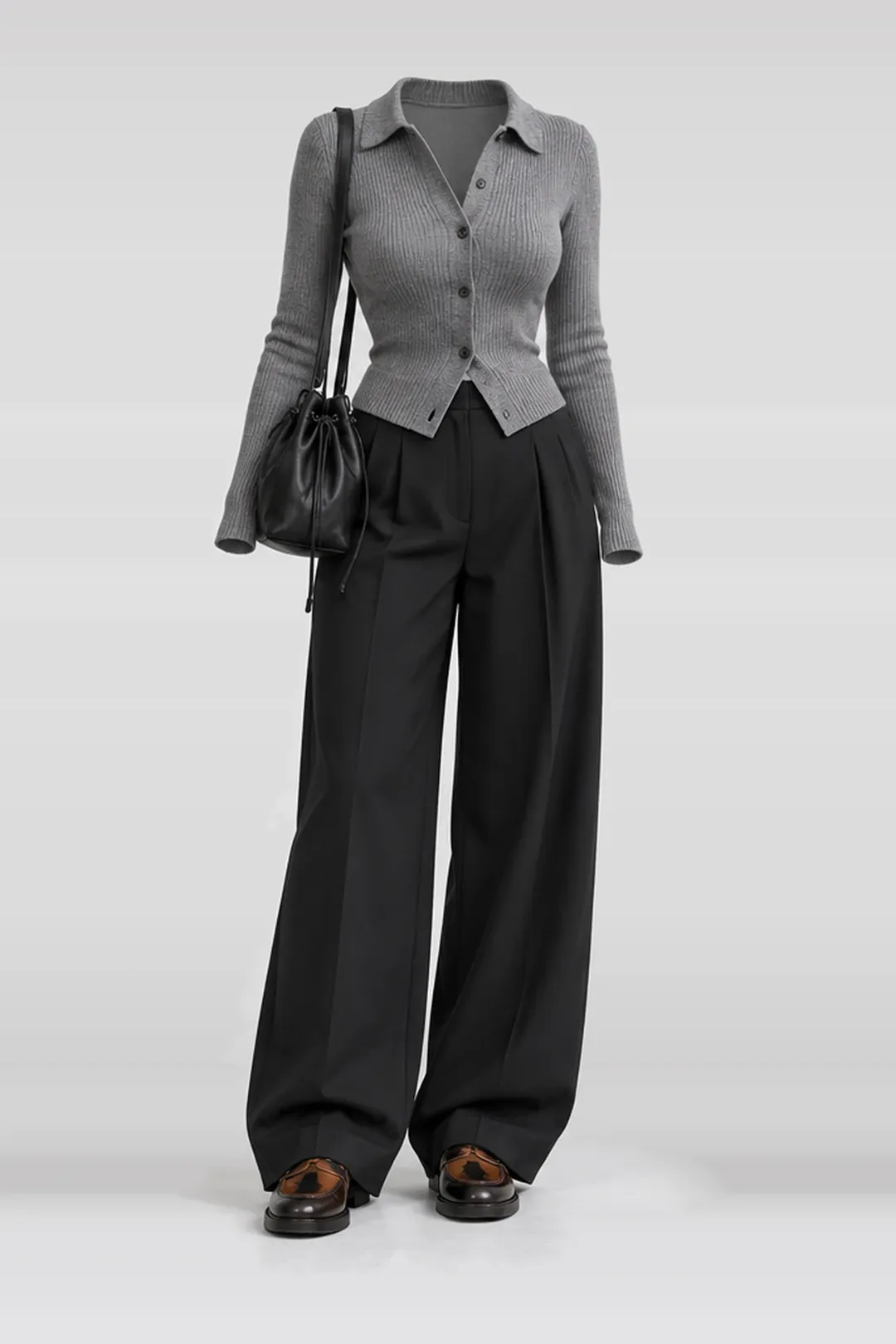 Grey knit cardigan + black leather bag