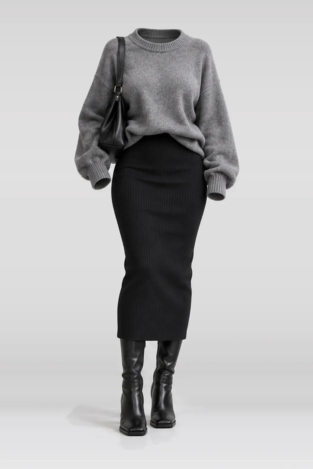 Grey knit top + black midi skirt