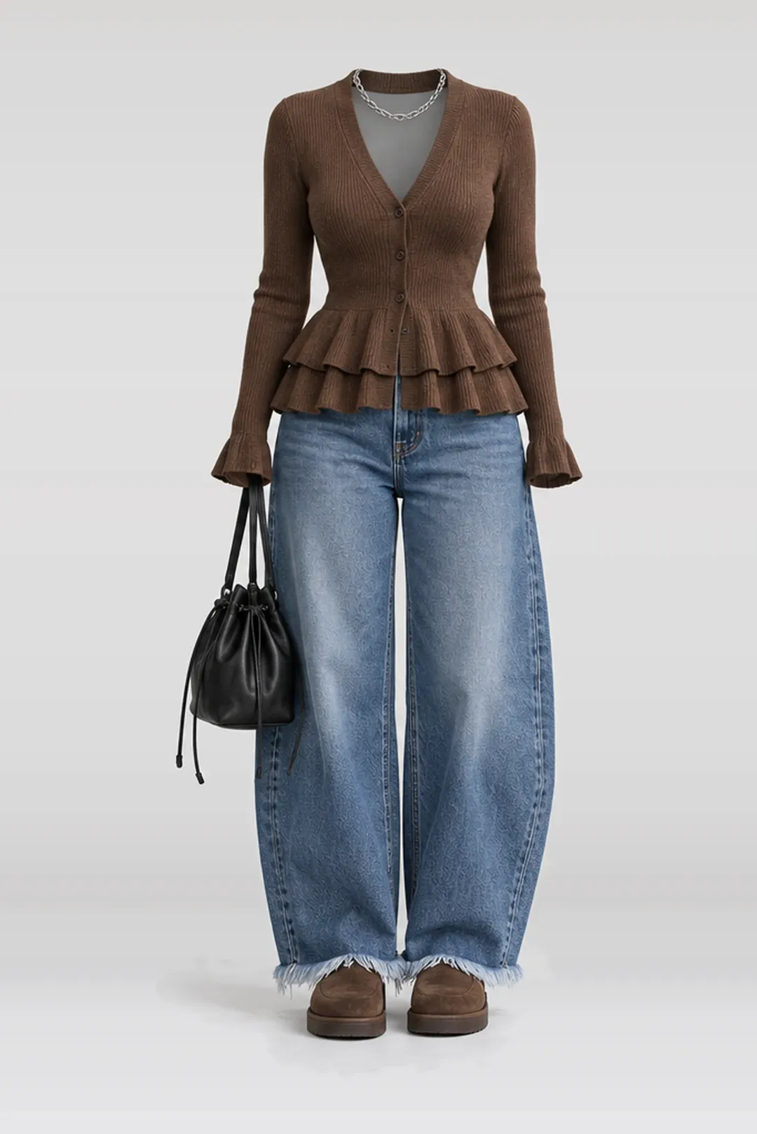 Brown knit cardigan + blue denim jeans