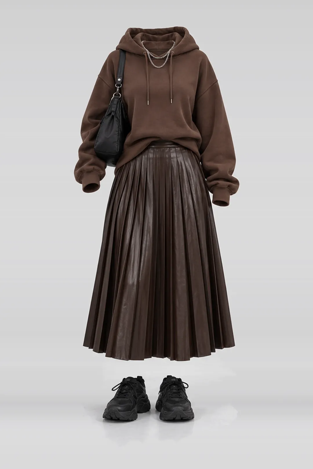 Brown hoodie + pleated leather midi skirt