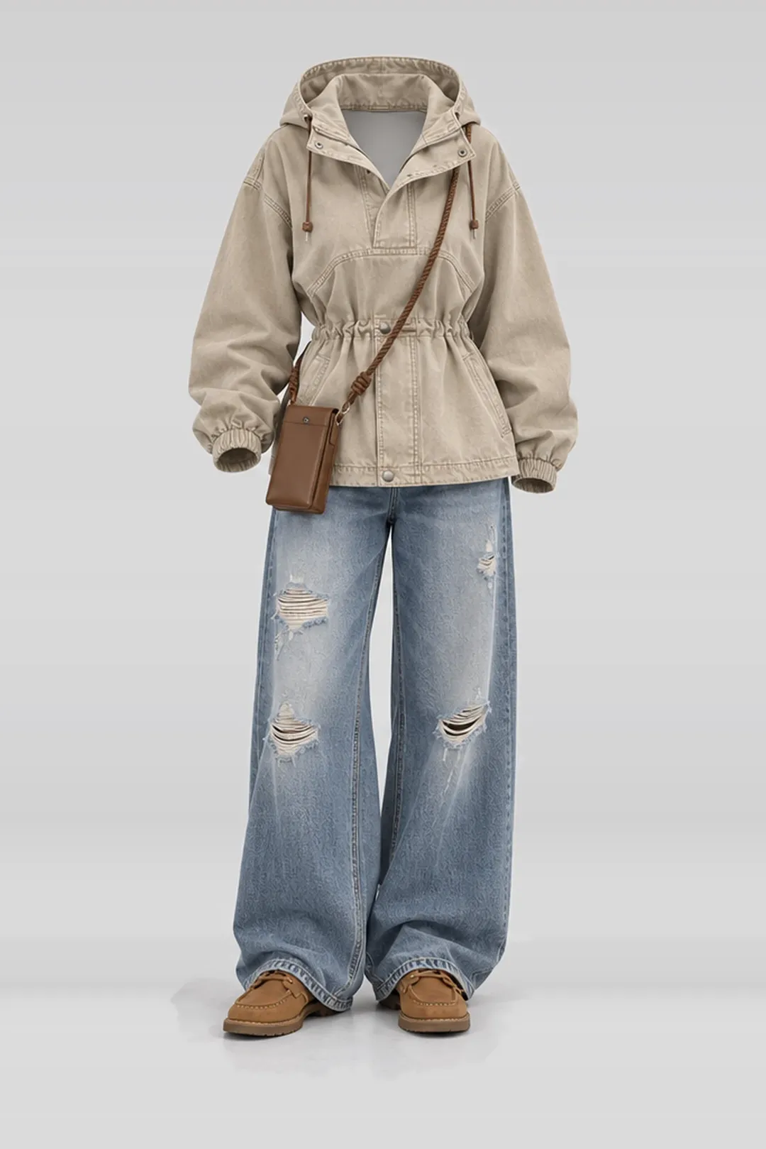 Beige denim jacket + blue jeans