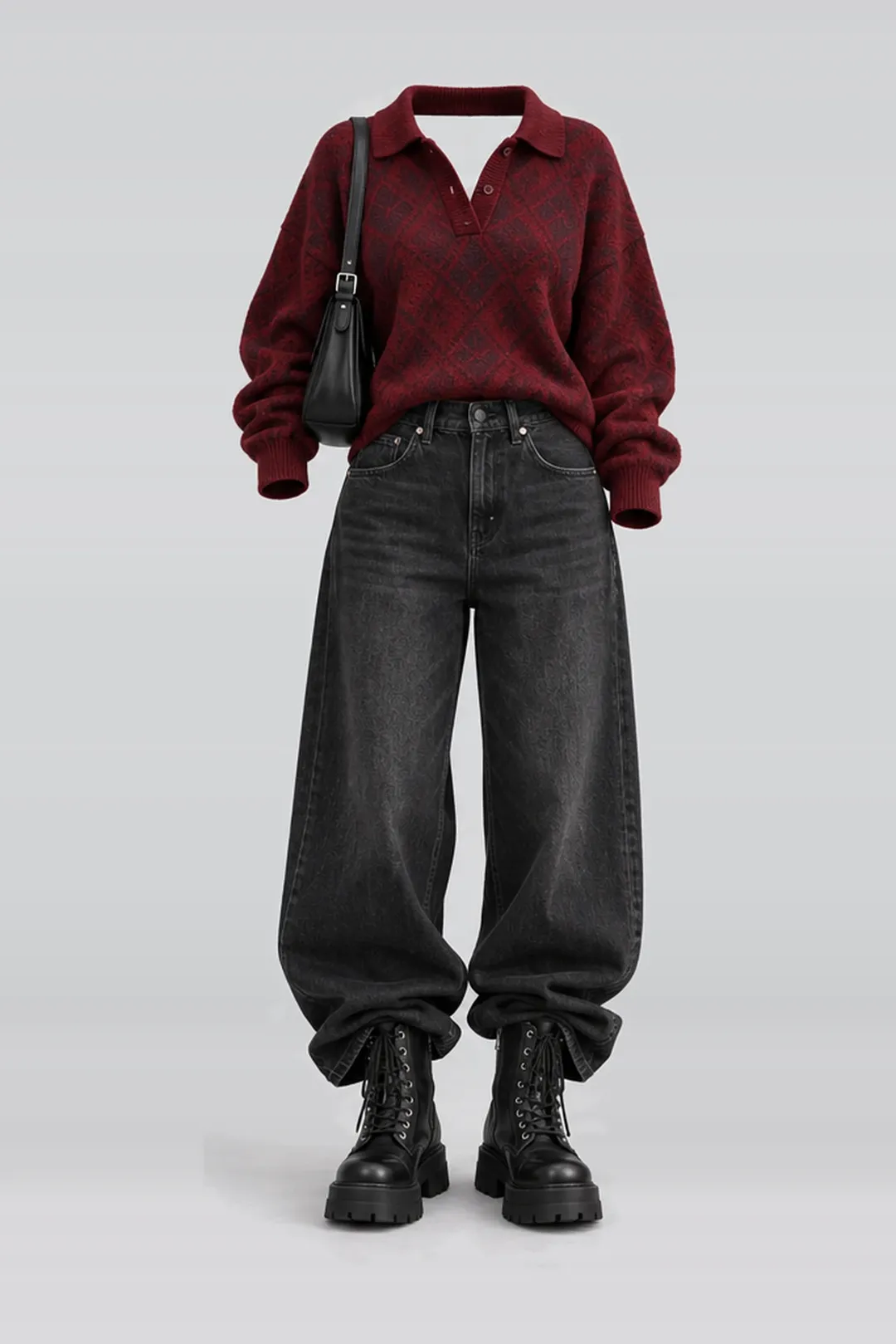 Red knit top + black denim jeans