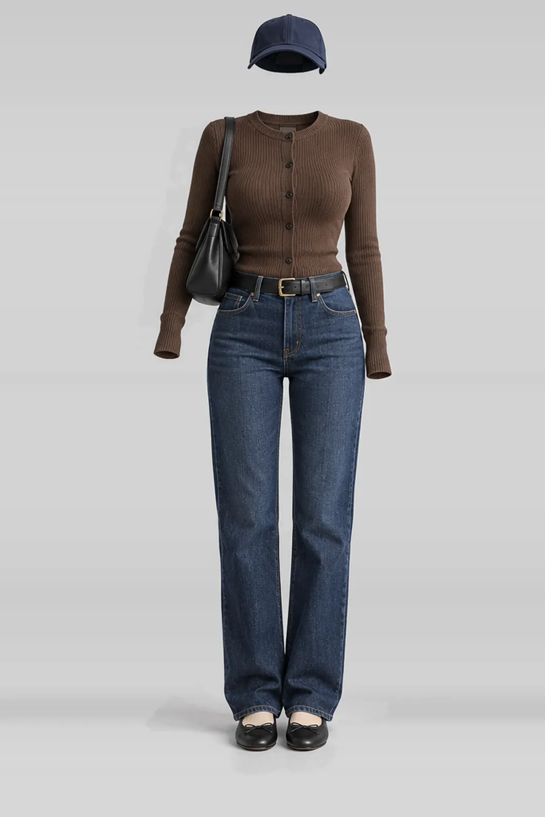 Brown knit cardigan + denim jeans
