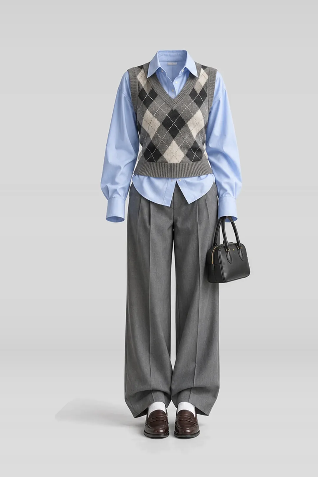 Grey knit vest + blue shirt