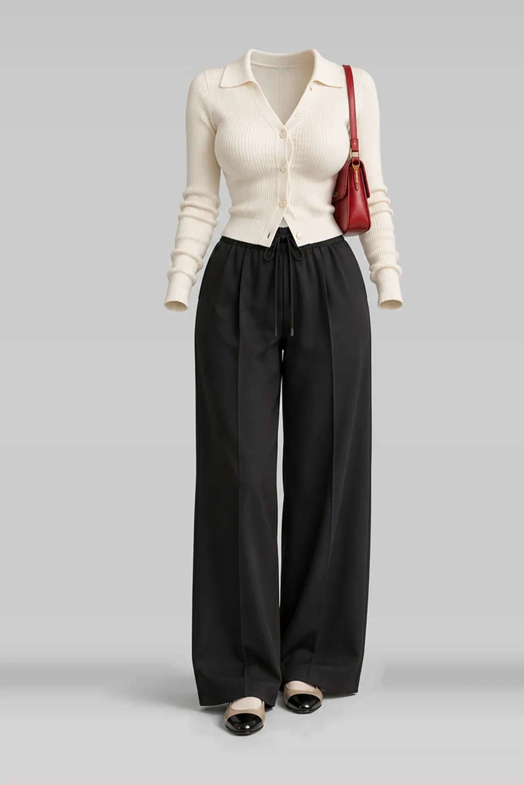 Ivory cardigan + black red bag