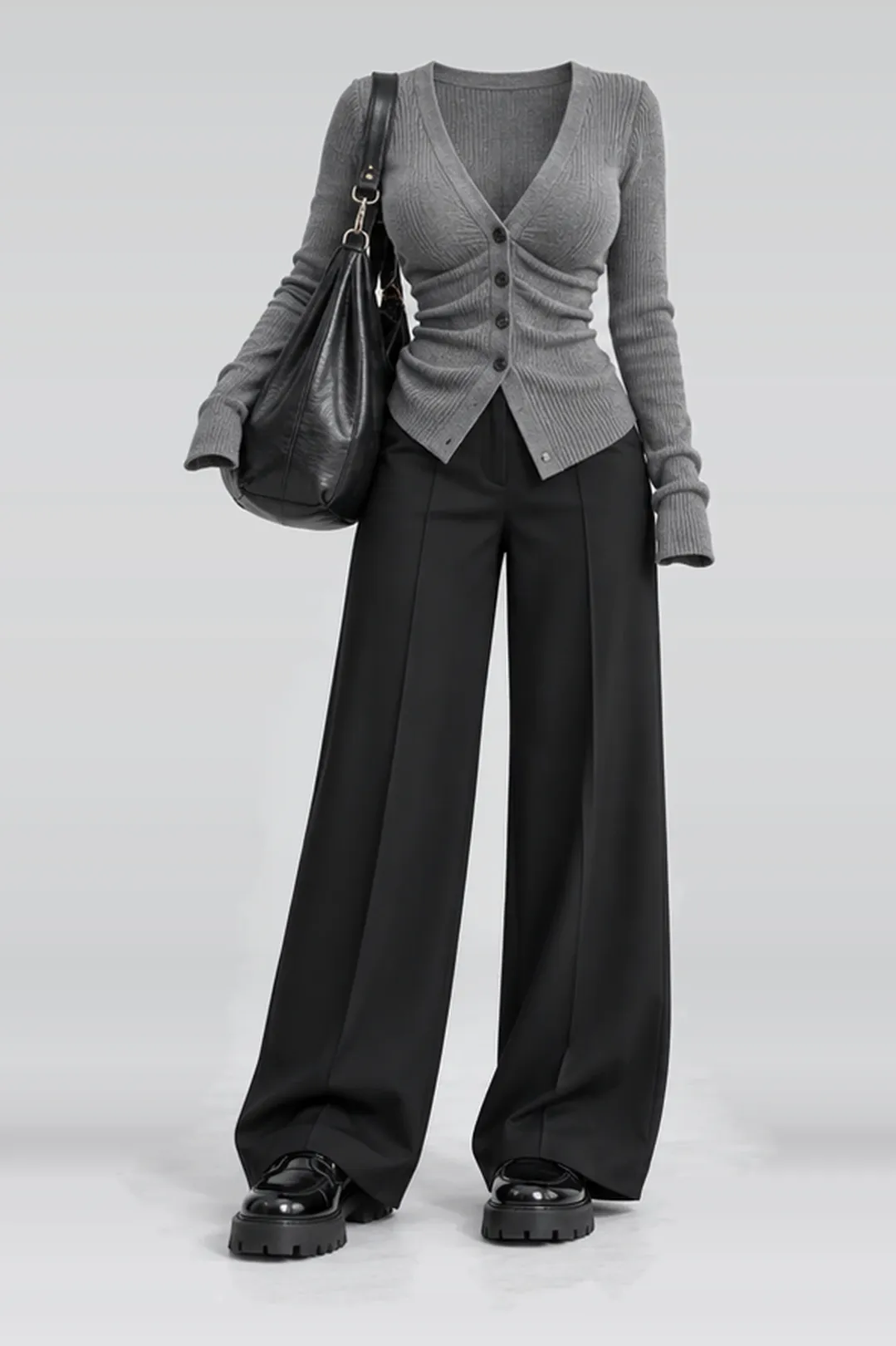 Black wool trousers + grey cardigan