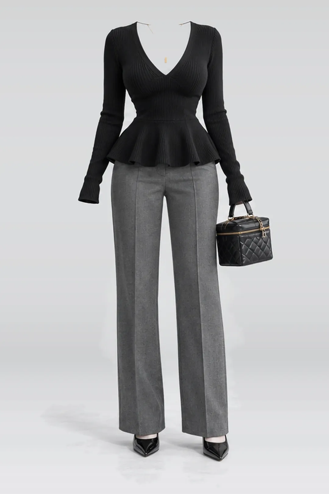 Black knit top + grey trousers