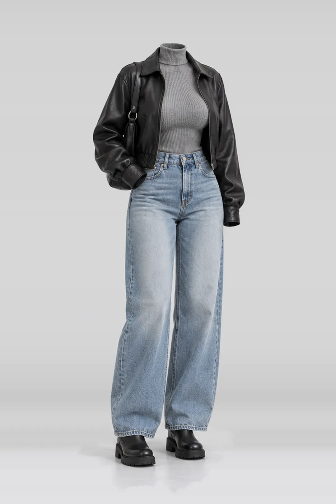 Black leather jacket + grey knit top