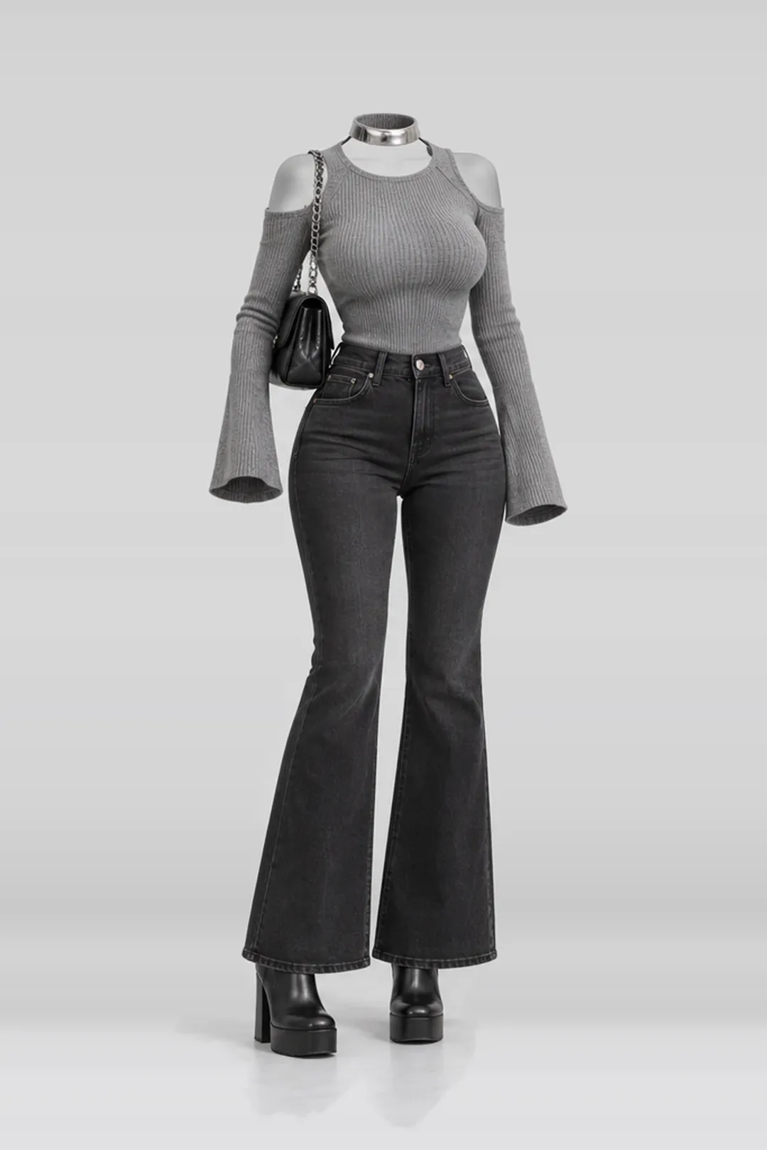 Grey knit top + black denim jeans