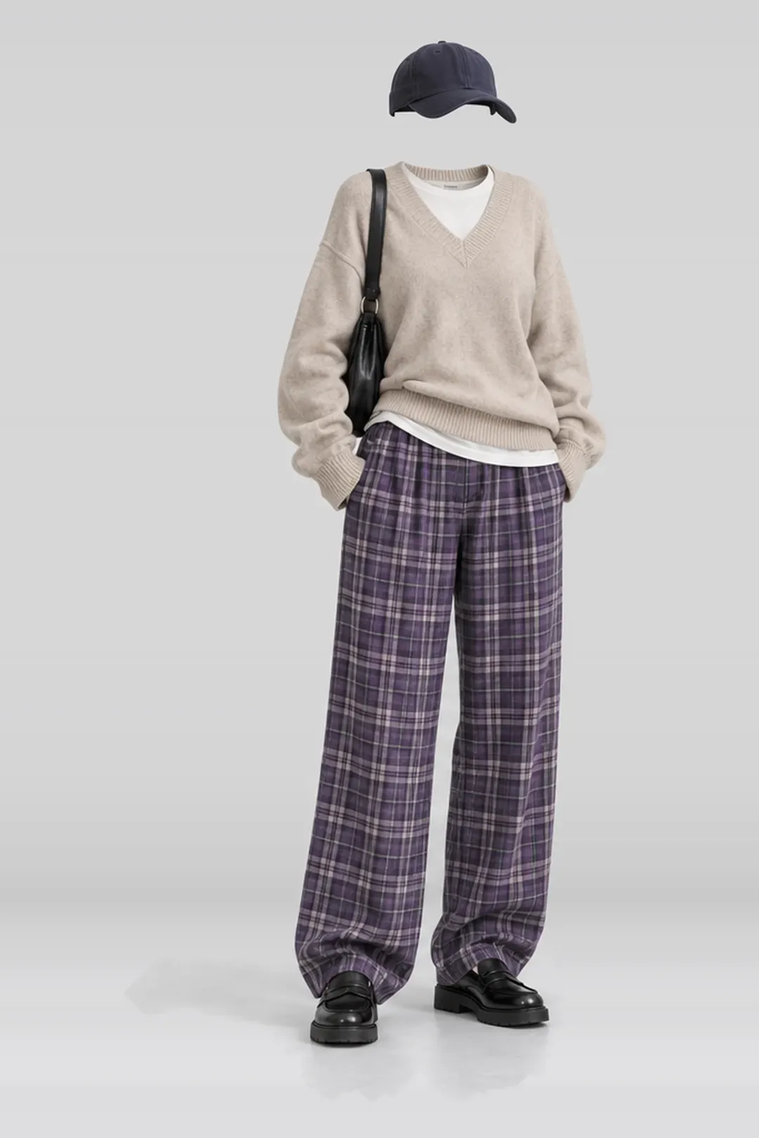 Beige purple trousers + black leather bag