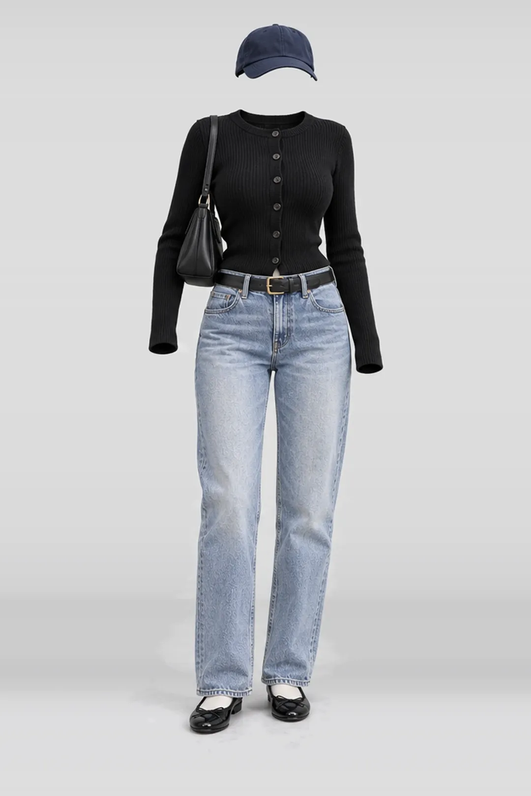 Black knit cardigan + blue denim jeans
