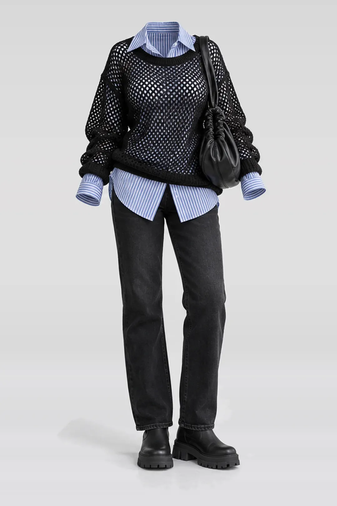 Blue shirt + black mesh knit jeans