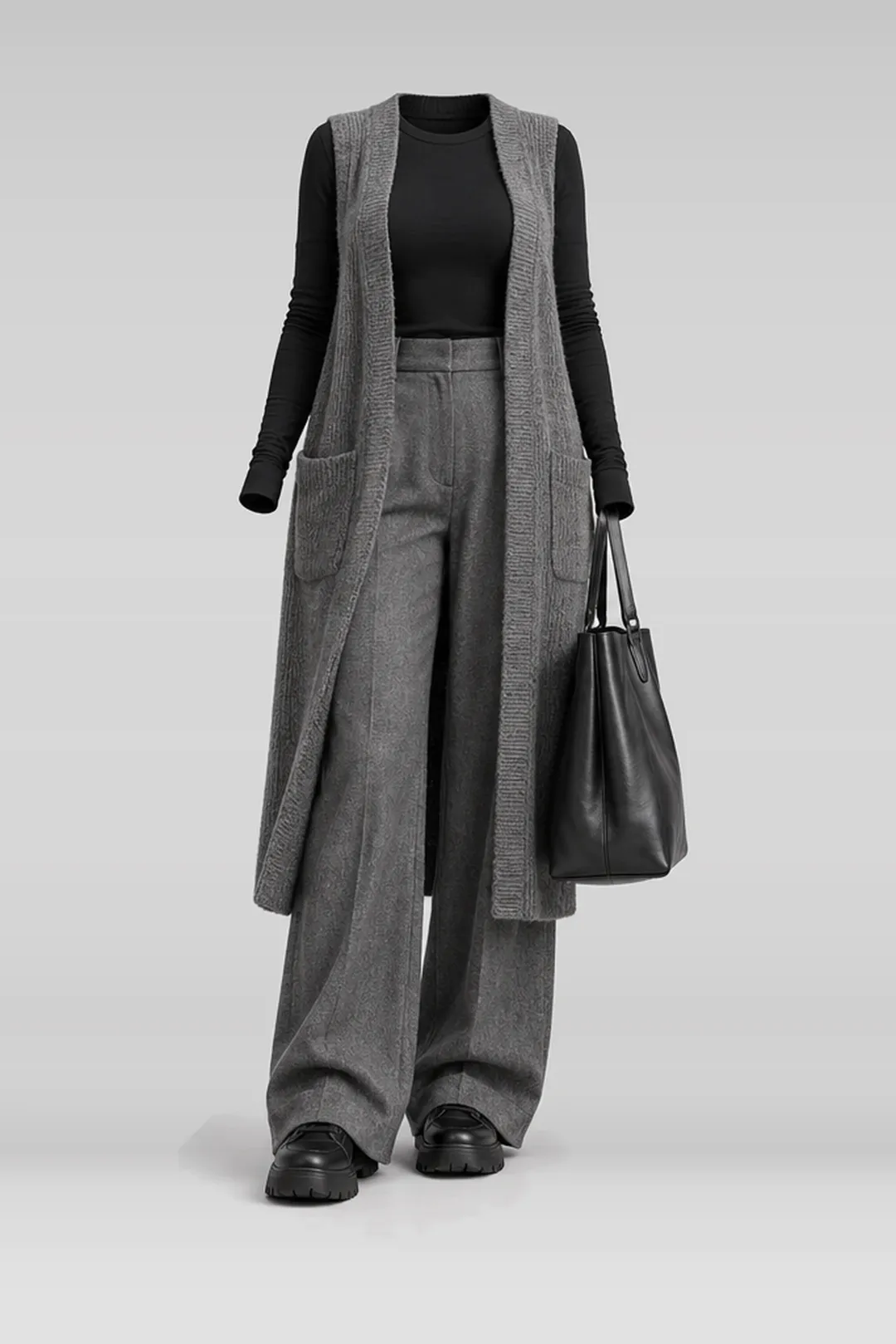 Grey knit top + black trousers