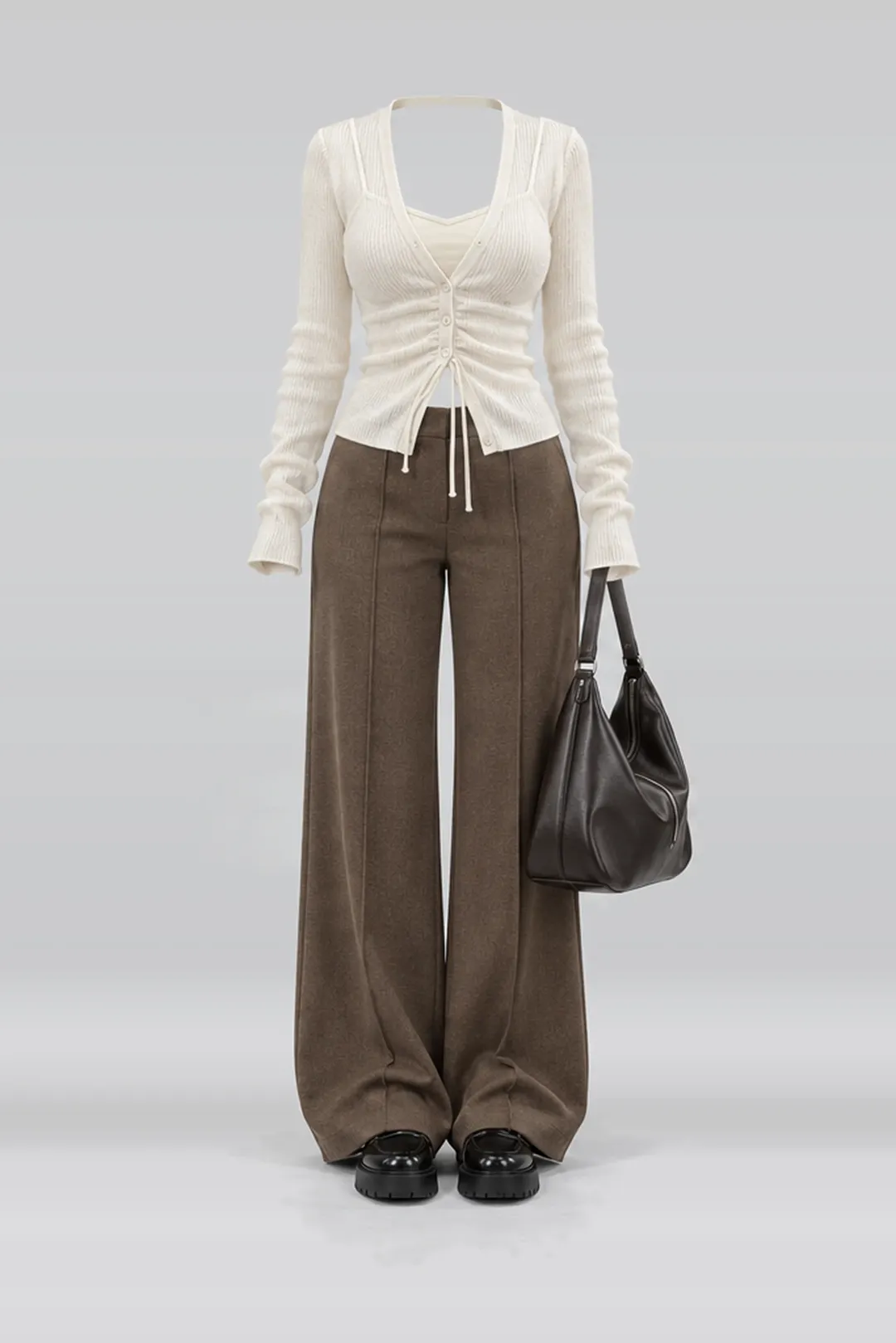 Brown wool trousers + ivory cardigan