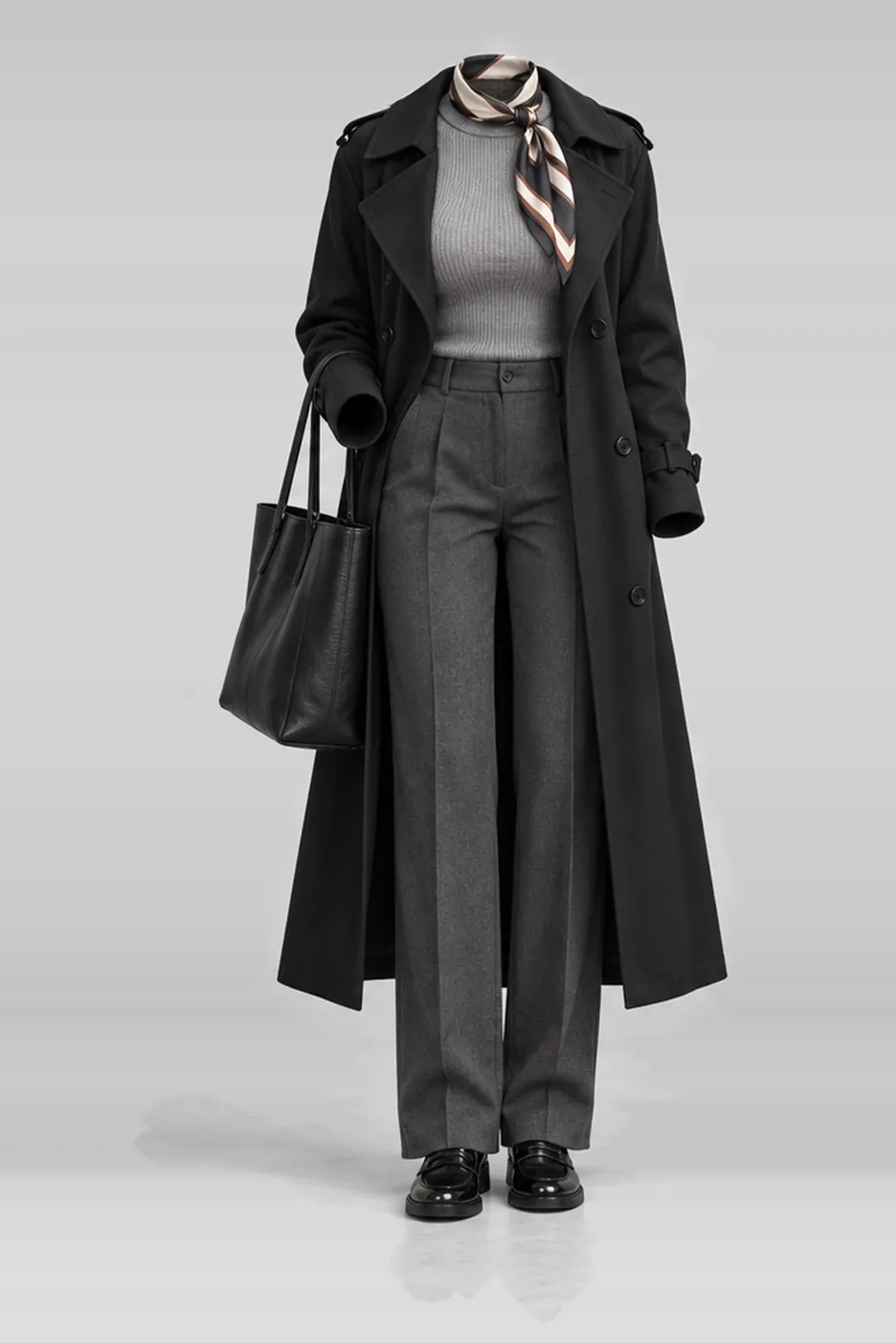 Black coat + grey knit loafers