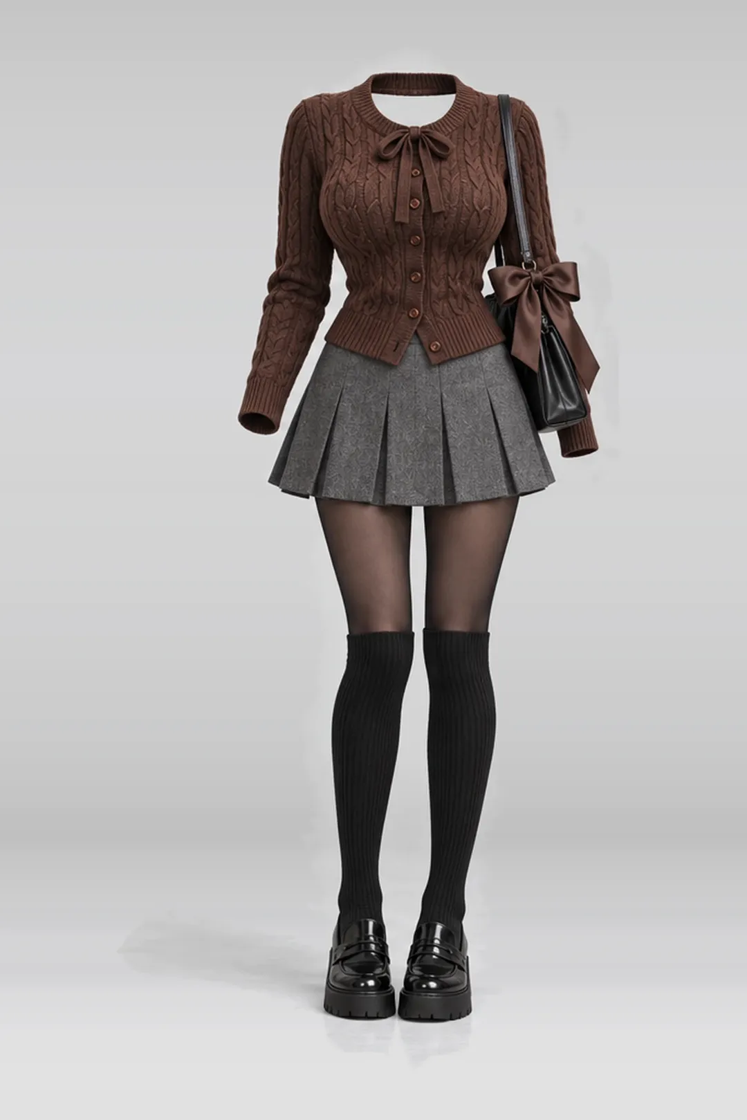 Brown knit cardigan + grey pleated mini skirt