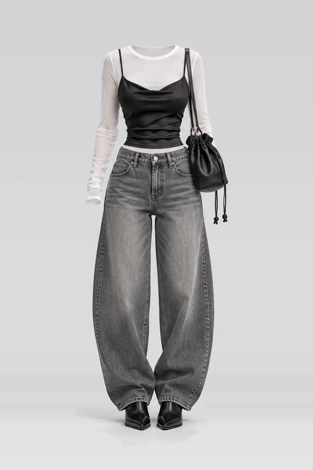 Black satin camisole + white grey denim jeans