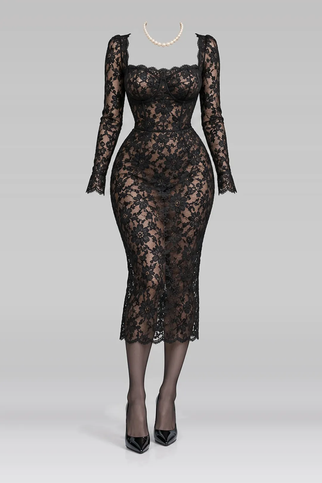 Black lace midi dress + tights